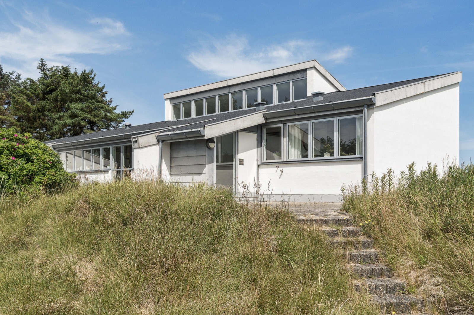 Skråt forparti af det lave modernistiske hvide hus med højtsiddende vinduer, glasindgang og stentrappe gennem klitgræsset.