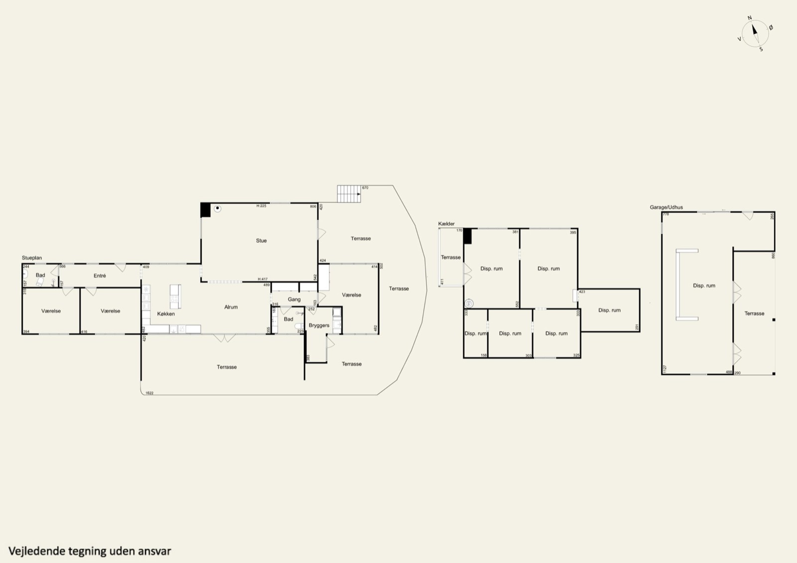 Samlet plantegning: stueplan, kælder og garage/udhus side om side.