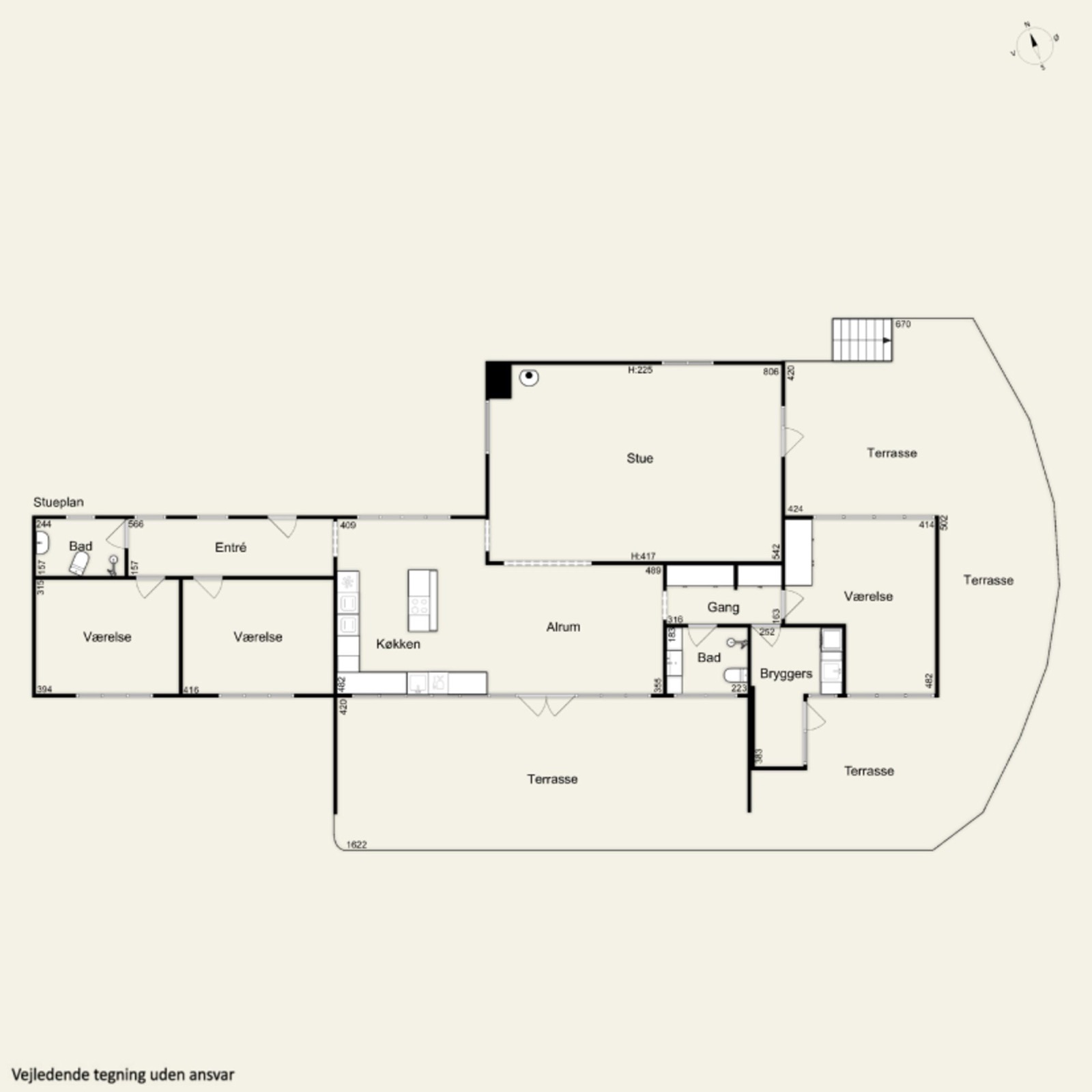 Samlet plantegning i høj læsbarhed: stueplan, kælder og garage/udhus.