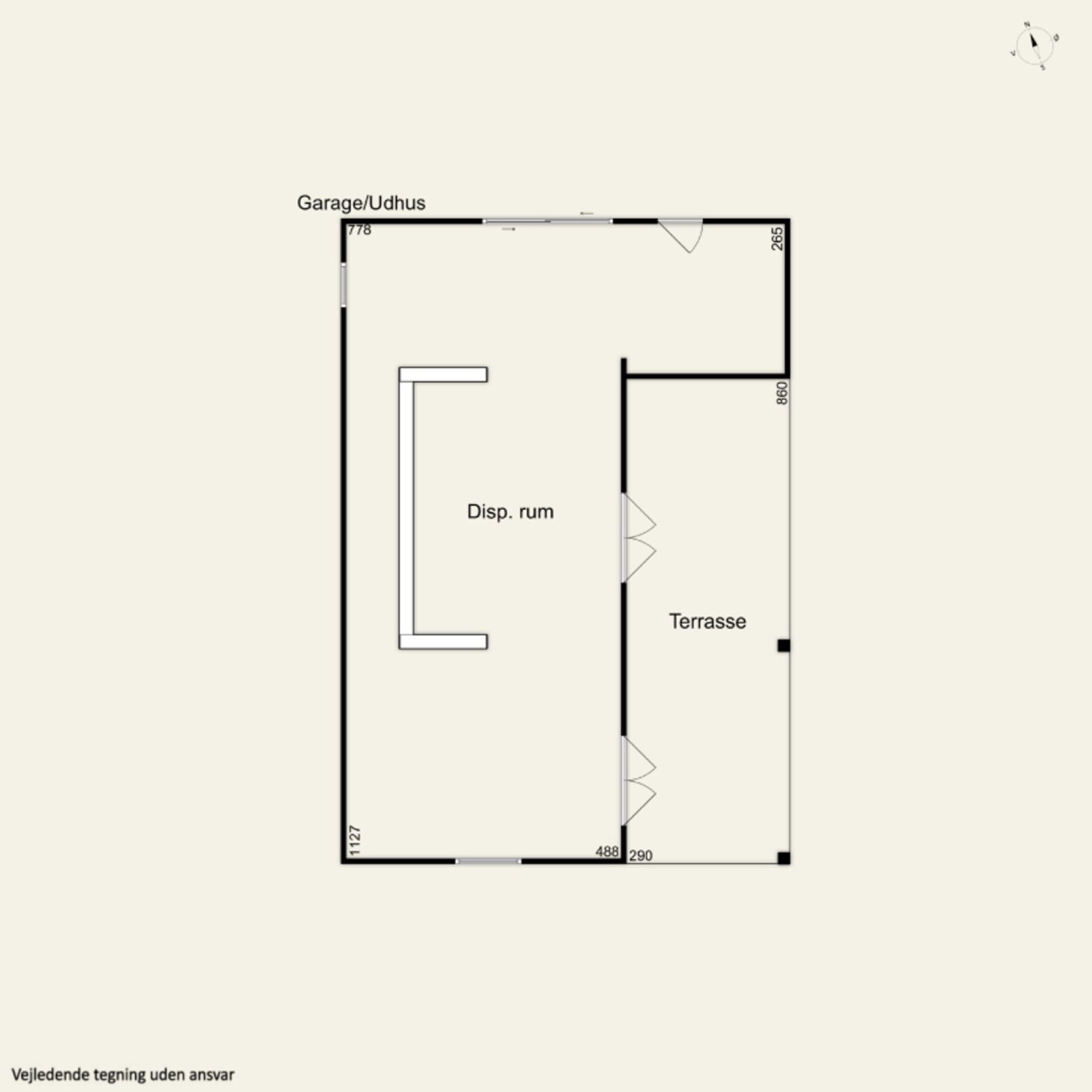 Plantegning for garage/udhus med stort disponibelt rum og terrasse.